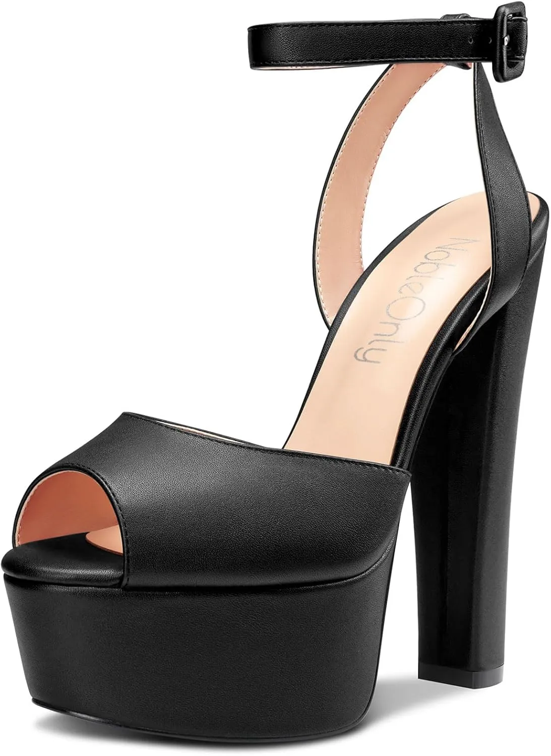 NobleOnly Womens High Block Platform Heel Peep Toe Ankle Strap Sandals Buckle Prom Dress Shoes 5.9 Inches Heels