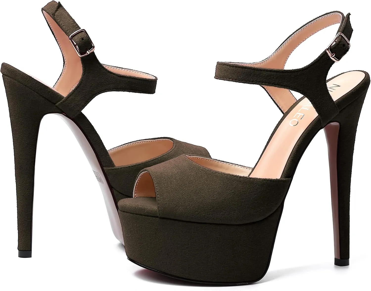 NUMALEO Womens Fashion Suede Evening Solid Peep Toe Buckle Ankle Wrap Stiletto High Heel Platforms Sandals 6 Inch