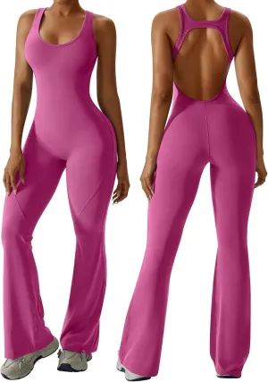 OEAK Womens Flare Jumpsuit with Bra Tummy Control Cutout Romper Workout Outfit Sleeveless Unitard One Piece Backless Bodysuit