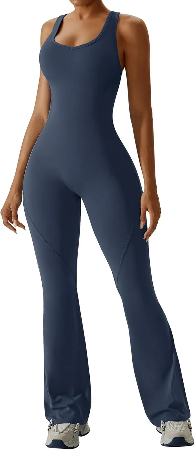 OEAK Womens Flare Jumpsuit with Bra Tummy Control Cutout Romper Workout Outfit Sleeveless Unitard One Piece Backless Bodysuit