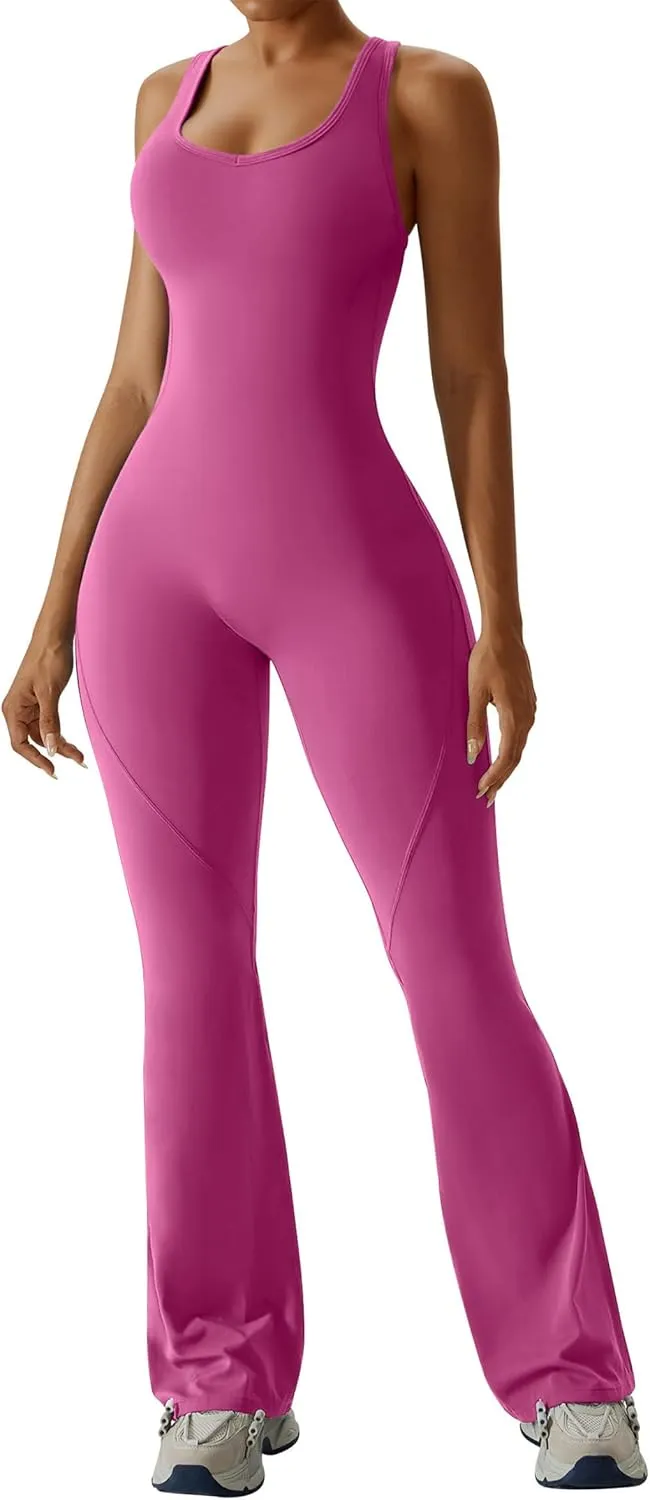 OEAK Womens Flare Jumpsuit with Bra Tummy Control Cutout Romper Workout Outfit Sleeveless Unitard One Piece Backless Bodysuit