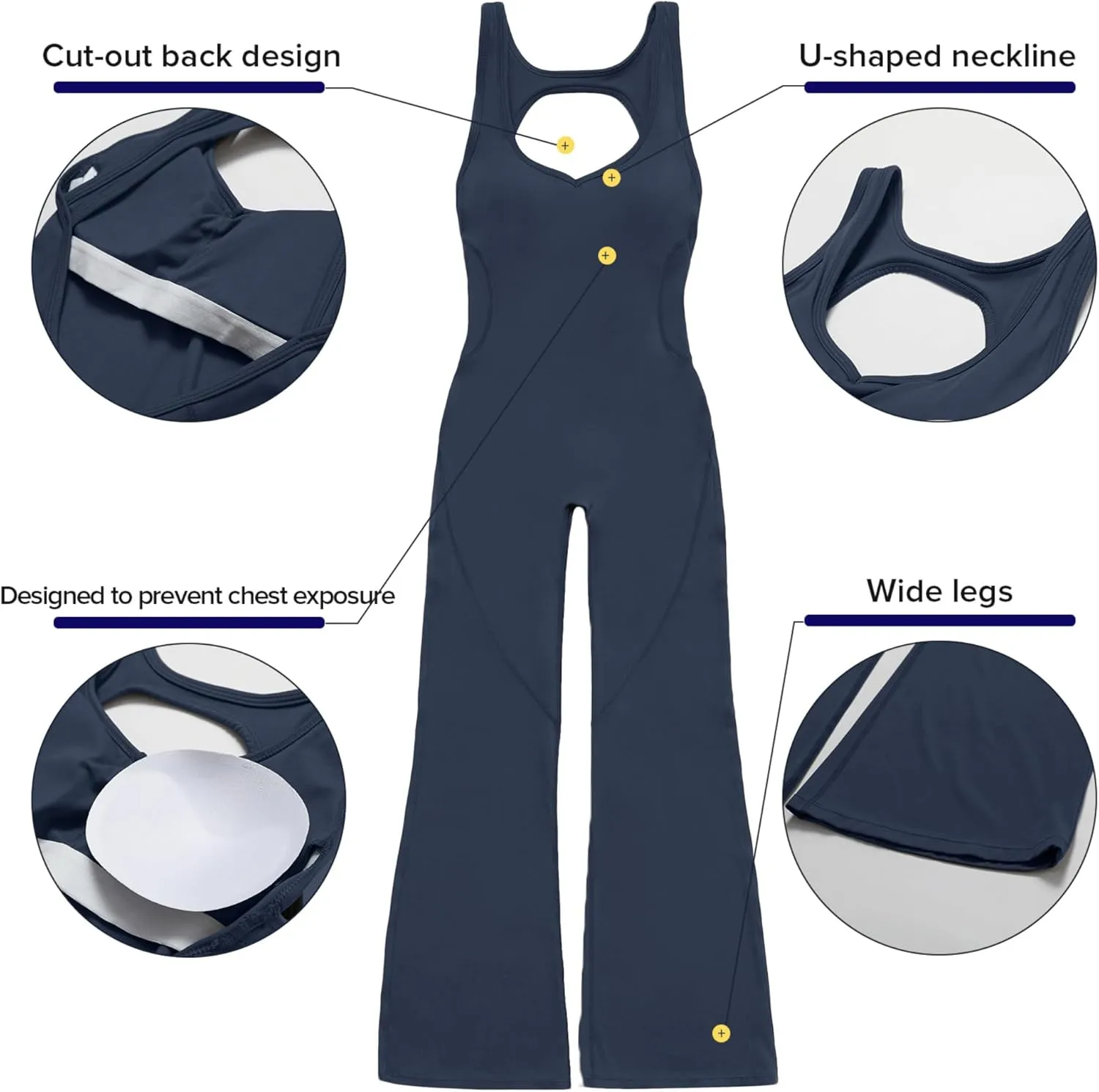 OEAK Womens Flare Jumpsuit with Bra Tummy Control Cutout Romper Workout Outfit Sleeveless Unitard One Piece Backless Bodysuit