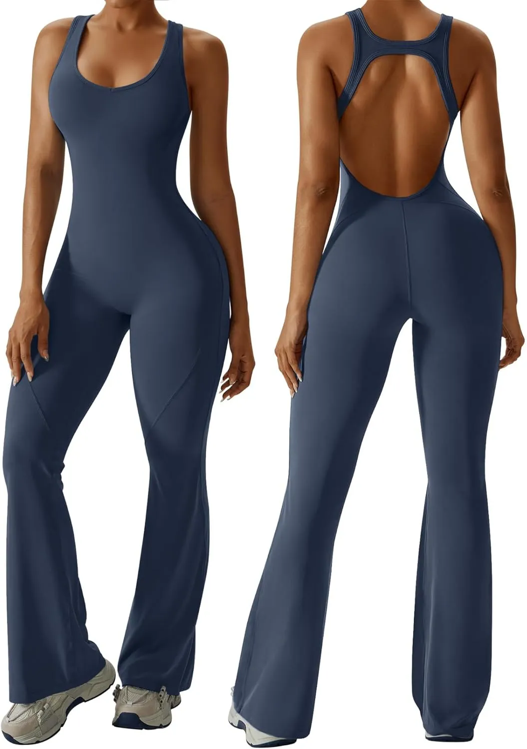 OEAK Womens Flare Jumpsuit with Bra Tummy Control Cutout Romper Workout Outfit Sleeveless Unitard One Piece Backless Bodysuit