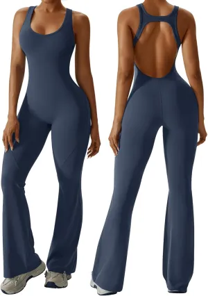 OEAK Womens Flare Jumpsuit with Bra Tummy Control Cutout Romper Workout Outfit Sleeveless Unitard One Piece Backless Bodysuit