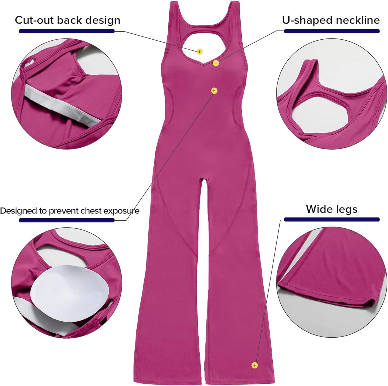 OEAK Womens Flare Jumpsuit with Bra Tummy Control Cutout Romper Workout Outfit Sleeveless Unitard One Piece Backless Bodysuit