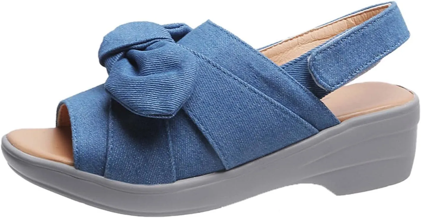 oiangi Bow Platform Sandals for Women Casual Summer Fish Mouth Open Toe Slingback Slipper Solid Comfortable Hook-and-Loop Beach Shoes Sandalias