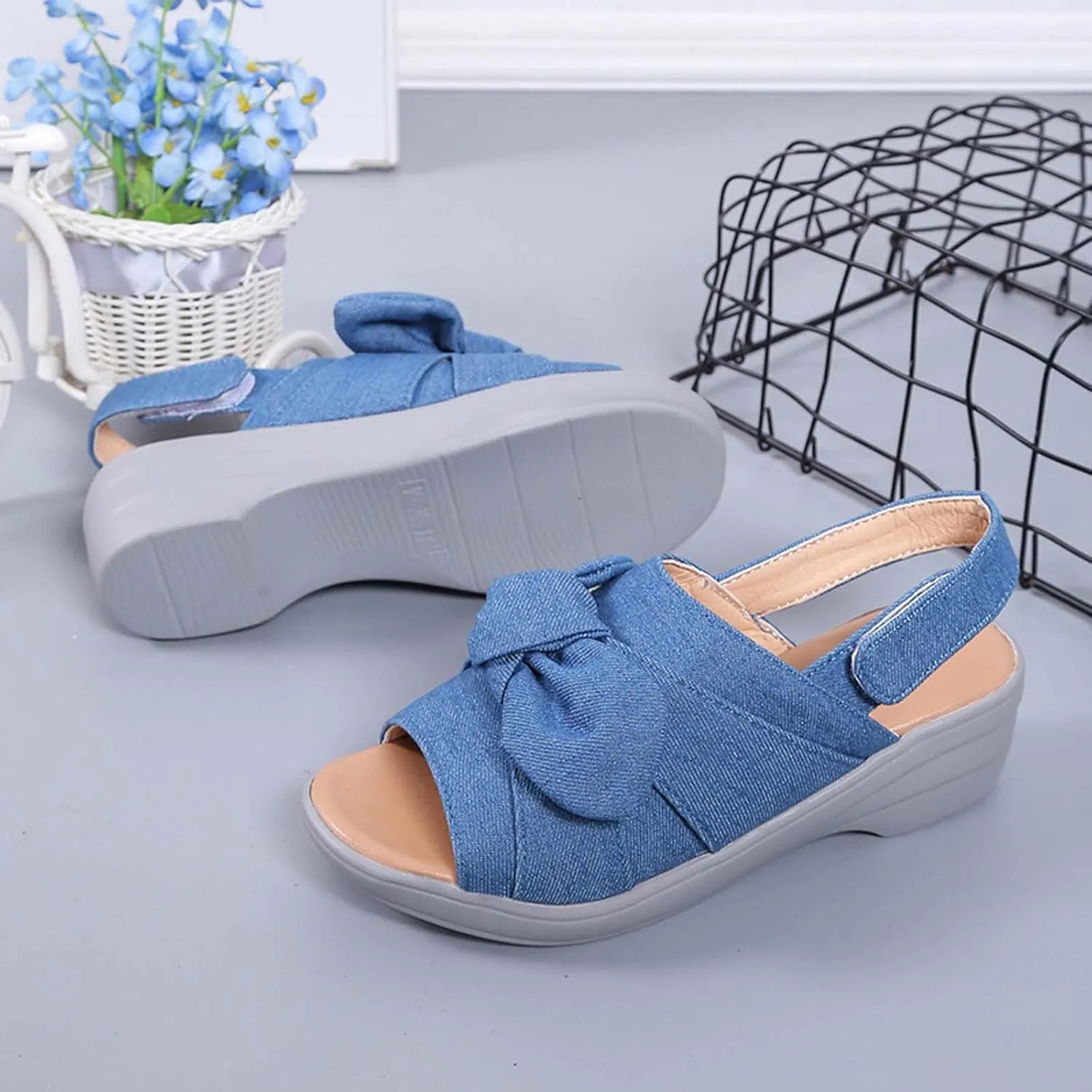 oiangi Bow Platform Sandals for Women Casual Summer Fish Mouth Open Toe Slingback Slipper Solid Comfortable Hook-and-Loop Beach Shoes Sandalias