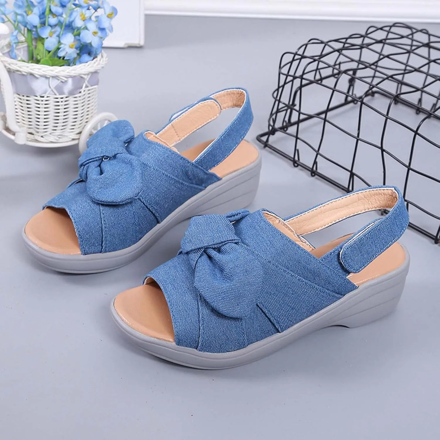 oiangi Bow Platform Sandals for Women Casual Summer Fish Mouth Open Toe Slingback Slipper Solid Comfortable Hook-and-Loop Beach Shoes Sandalias