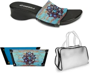 Onesole Leisure Denim Burst Shoe Kit, interchangeable Denim Burst and Solid Dusky Blue tops and Clear Travel Bag, Tops for women's wedge Sandals 1 1/2" heel, As Seen on Shark Tank (Size 8)
