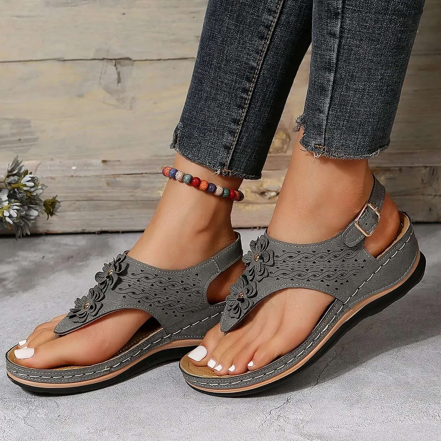 Orthopedic Sandals for Women Flower Sandals Breathable Mesh Shoes Arch Support Wedge Sandal 2025 Non Slip Flip Flops