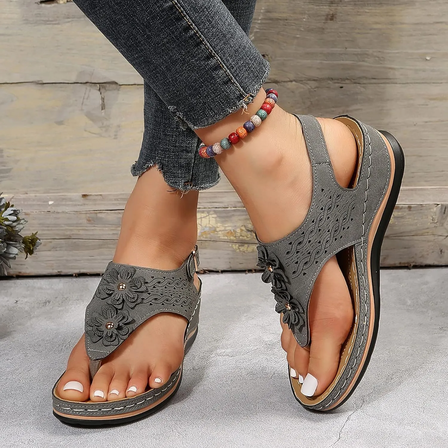 Orthopedic Sandals for Women Flower Sandals Breathable Mesh Shoes Arch Support Wedge Sandal 2025 Non Slip Flip Flops