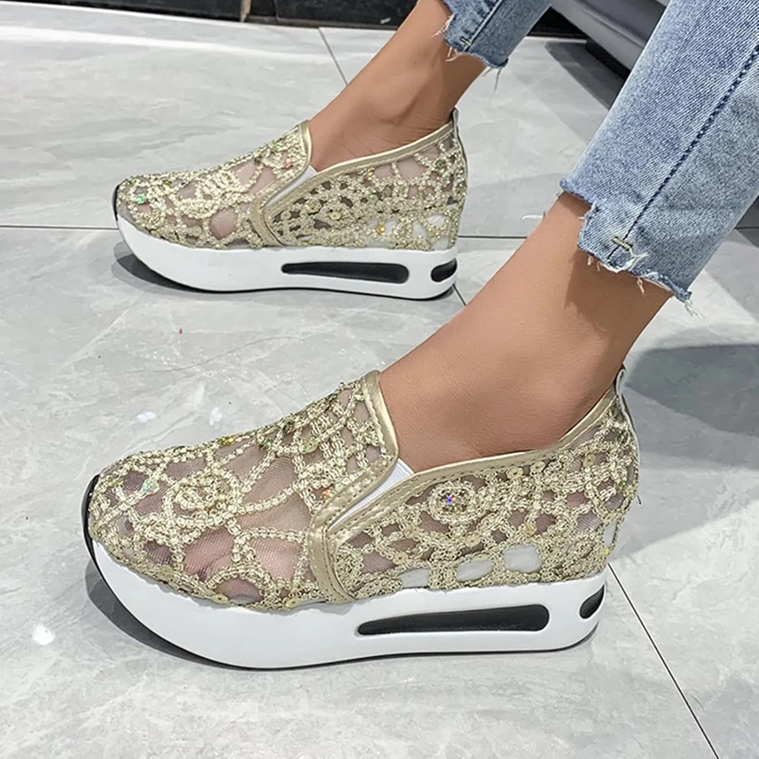 Orthopedic Shoes for Women Slip-on Walking Shoes Mesh Breathable Platform Sneakers Summer High Heel Hidden Sneaker