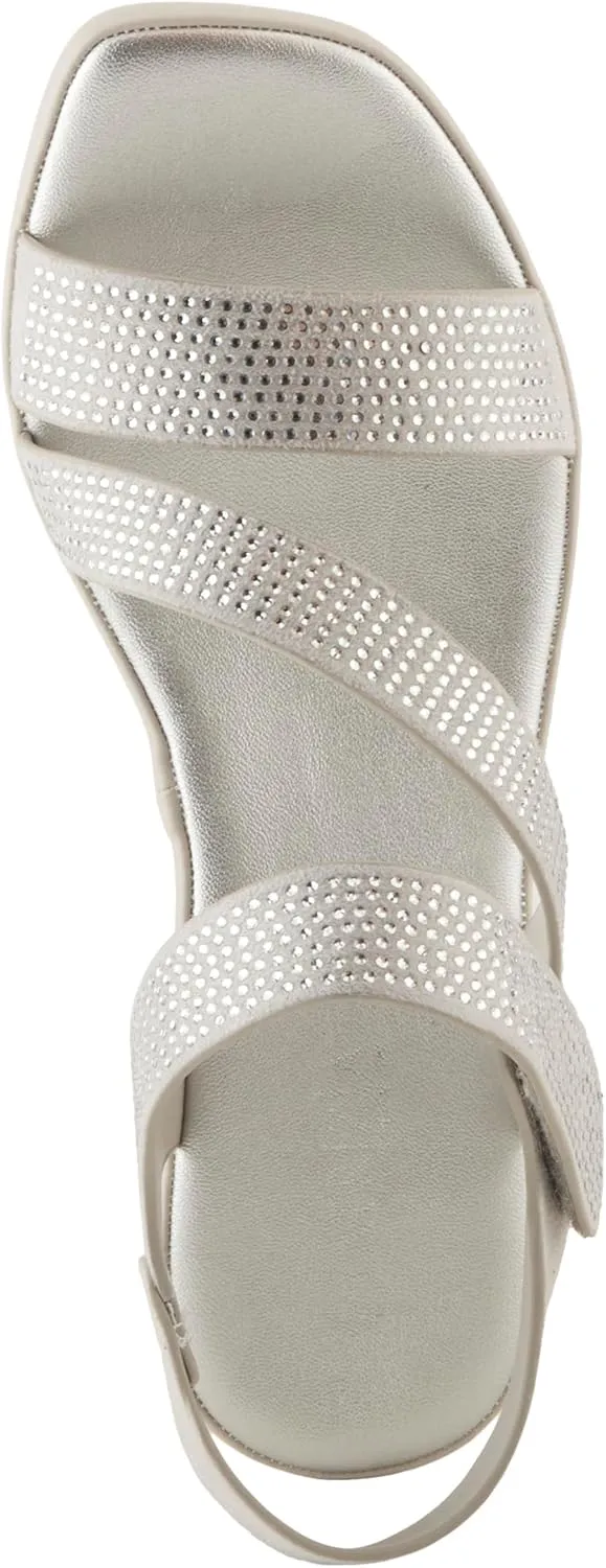 PATRIZIA Women's YADIEL Hook and Loop Sandals – Low Block Heel with Asymmetrical Crystal-Strap Design