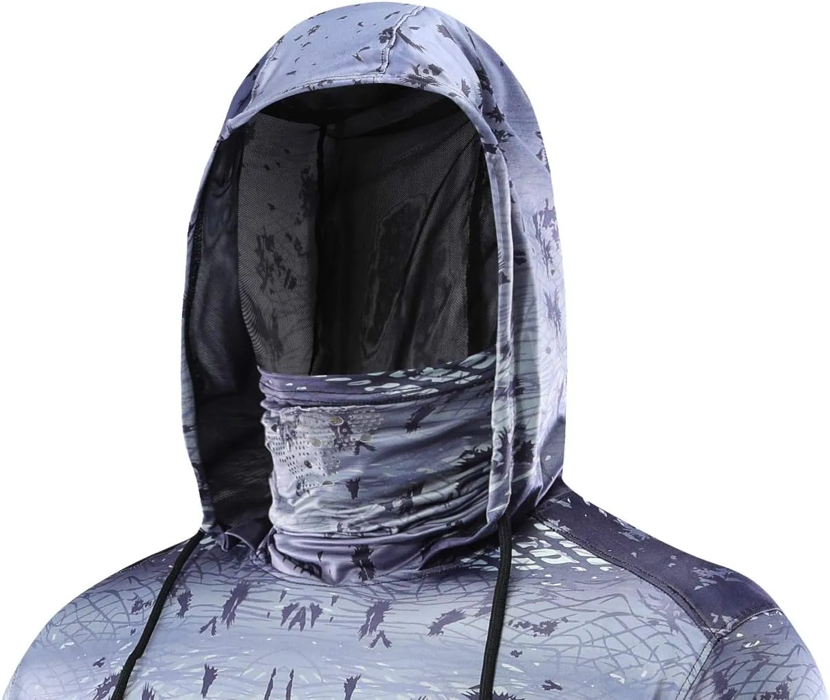 Performance Fishing Hoodie with Face Mask UPF50 Sunblock Shirt Hooded Long Sleeve with Drawstrings Pocket
