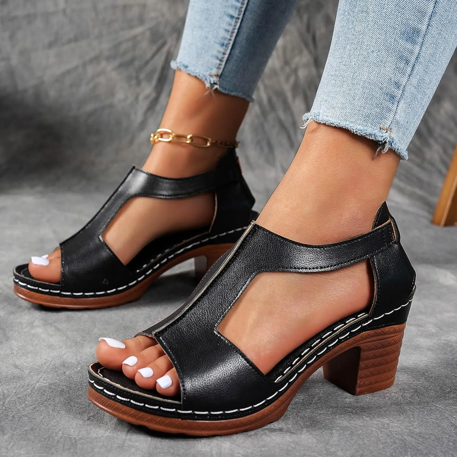Platform Wedge Sandals for Women 2025 Dressy Summer Chunky Heel Ankle Strap Wedges Casual Hollow Out Open Toe Block Heels Comfortable Sandal Work Sandals for Women Office Breathable Dress Shoes