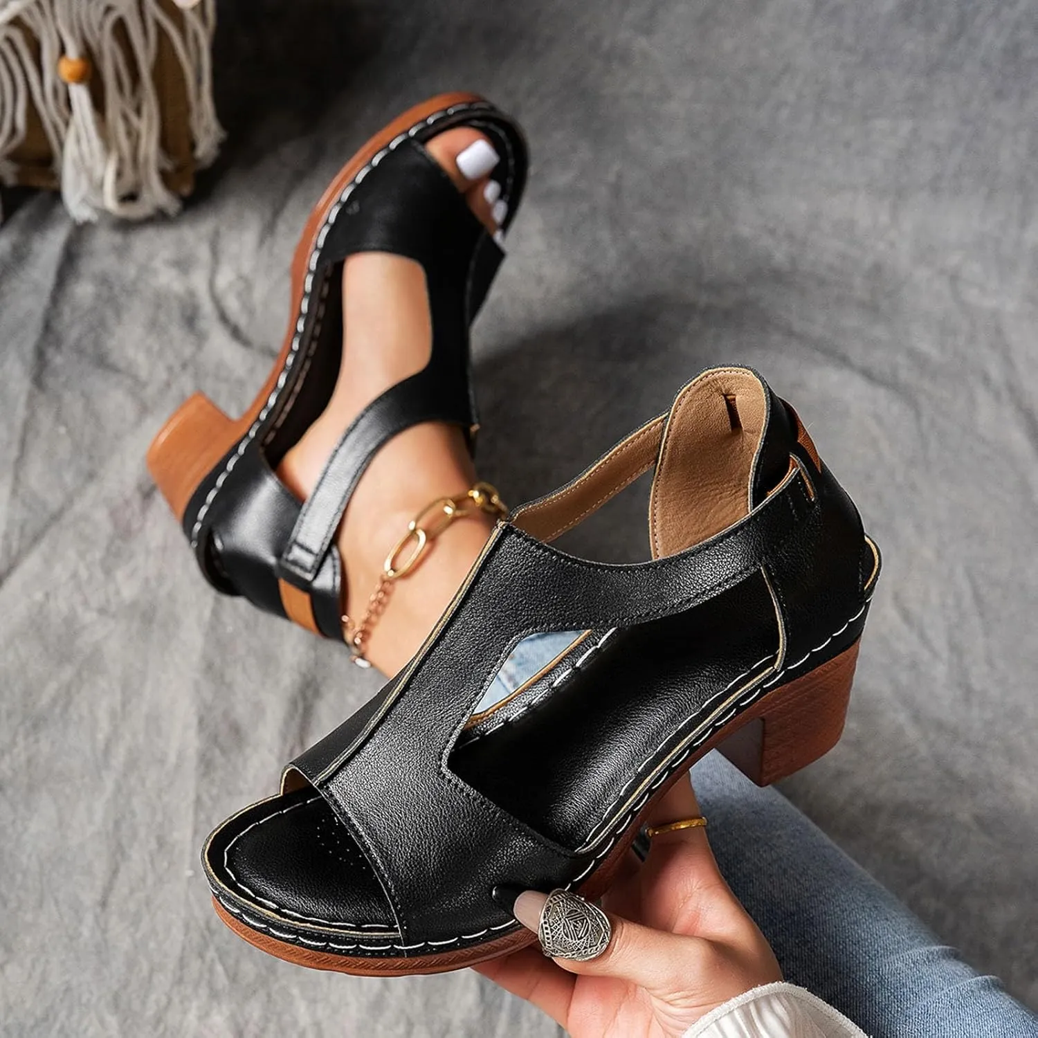 Platform Wedge Sandals for Women 2025 Dressy Summer Chunky Heel Ankle Strap Wedges Casual Hollow Out Open Toe Block Heels Comfortable Sandal Work Sandals for Women Office Breathable Dress Shoes