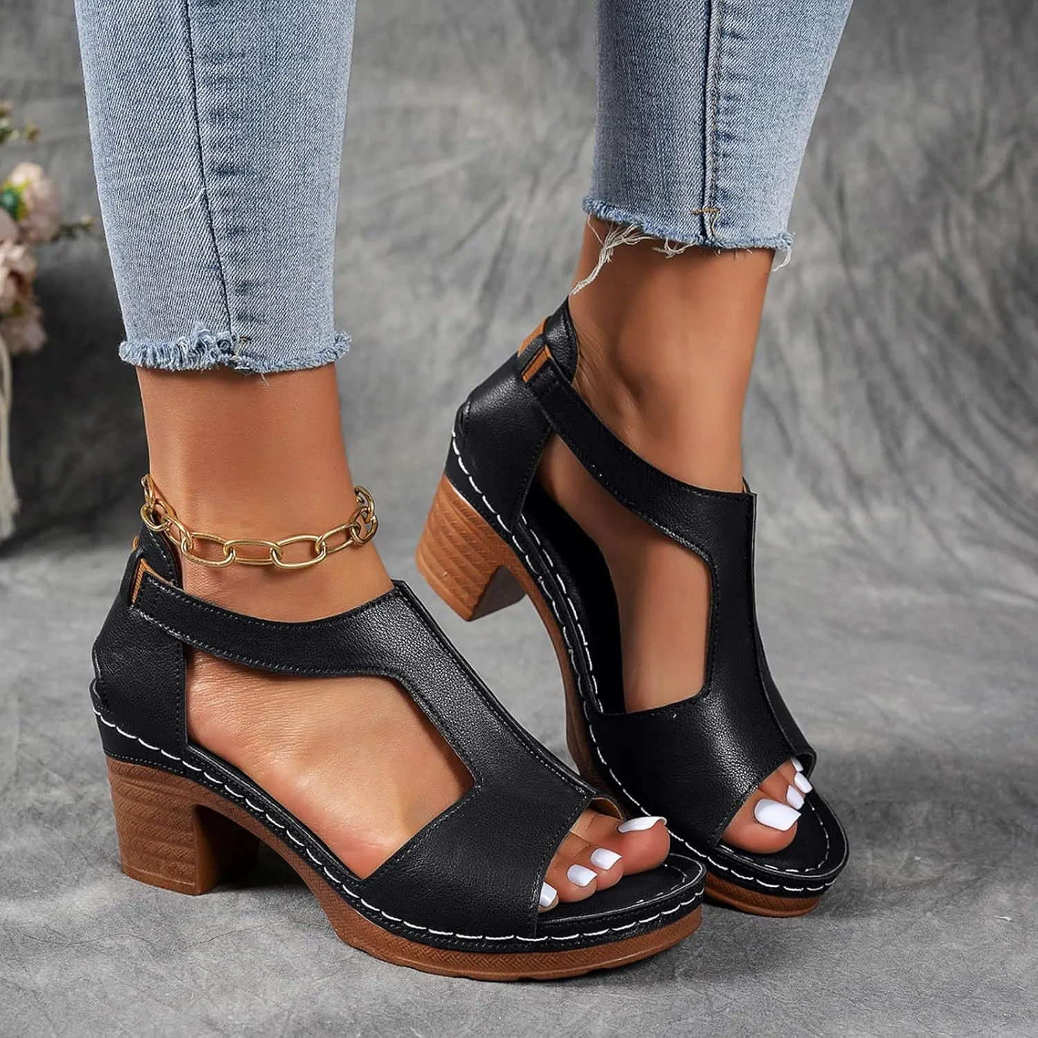 Platform Wedge Sandals for Women 2025 Dressy Summer Chunky Heel Ankle Strap Wedges Casual Hollow Out Open Toe Block Heels Comfortable Sandal Work Sandals for Women Office Breathable Dress Shoes