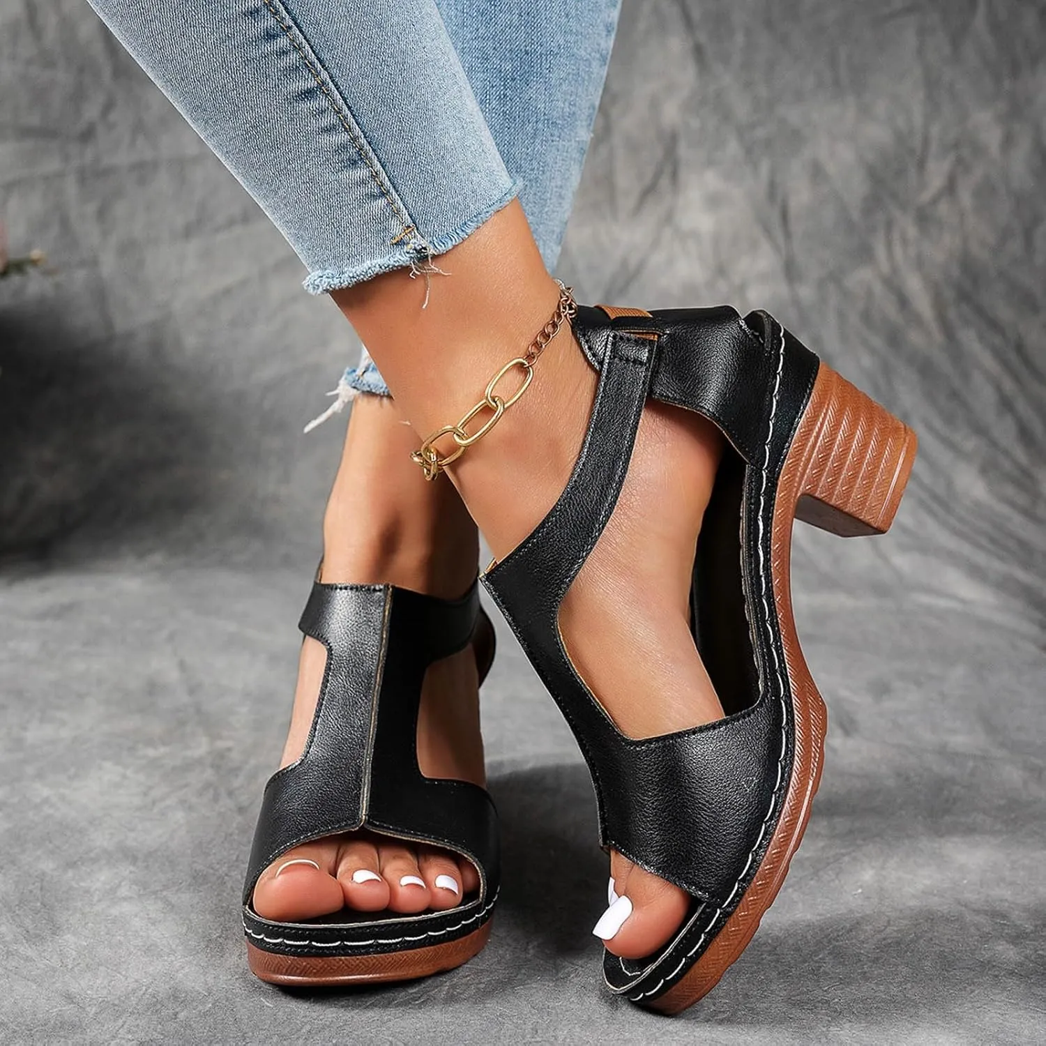 Platform Wedge Sandals for Women 2025 Dressy Summer Chunky Heel Ankle Strap Wedges Casual Hollow Out Open Toe Block Heels Comfortable Sandal Work Sandals for Women Office Breathable Dress Shoes