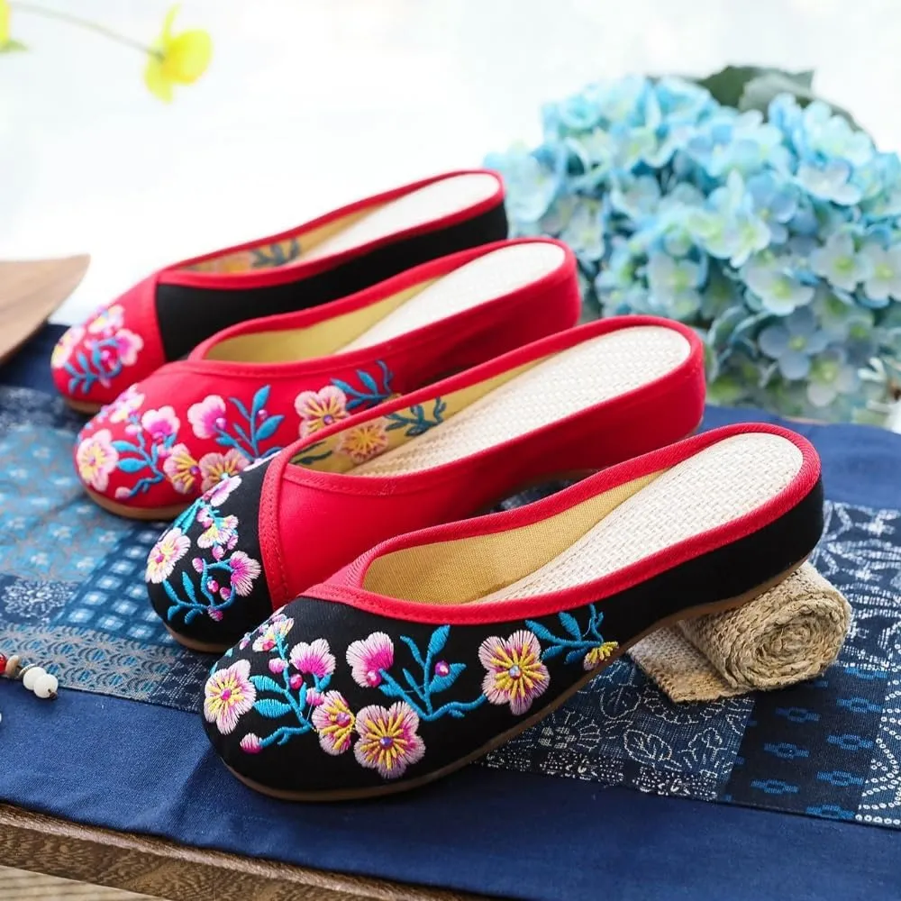 Premium Luxury Handmade Asian Floral Embroidery Summer Slippers For Women Sandals Slides Arch Support Soft Sole Footwear