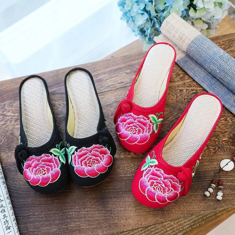 Premium Luxury Handmade Asian Floral Embroidery Summer Slippers For Women Sandals Slides Arch Support Soft Sole Footwear