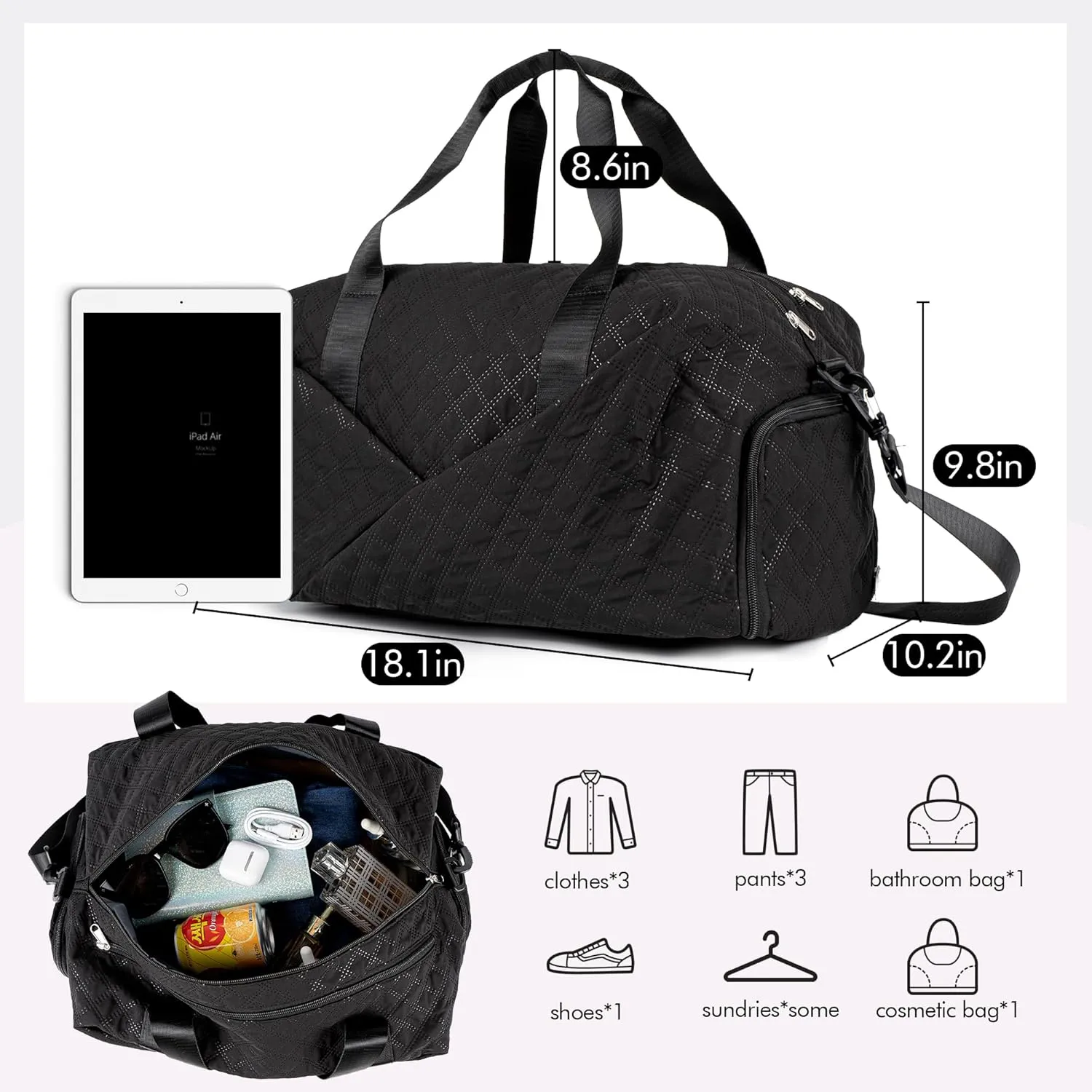 Quilted Duffle Bag for Women Girls - 30L, Personalized Weekender Overnight Bag with Shoe Compartment & Wet Pocket - Carry On Gym Bag with Name, Custom Gifts for Bridesmaid Mother (Black)