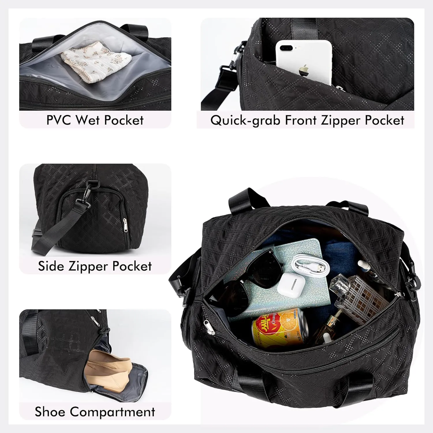 Quilted Duffle Bag for Women Girls - 30L, Personalized Weekender Overnight Bag with Shoe Compartment & Wet Pocket - Carry On Gym Bag with Name, Custom Gifts for Bridesmaid Mother (Black)
