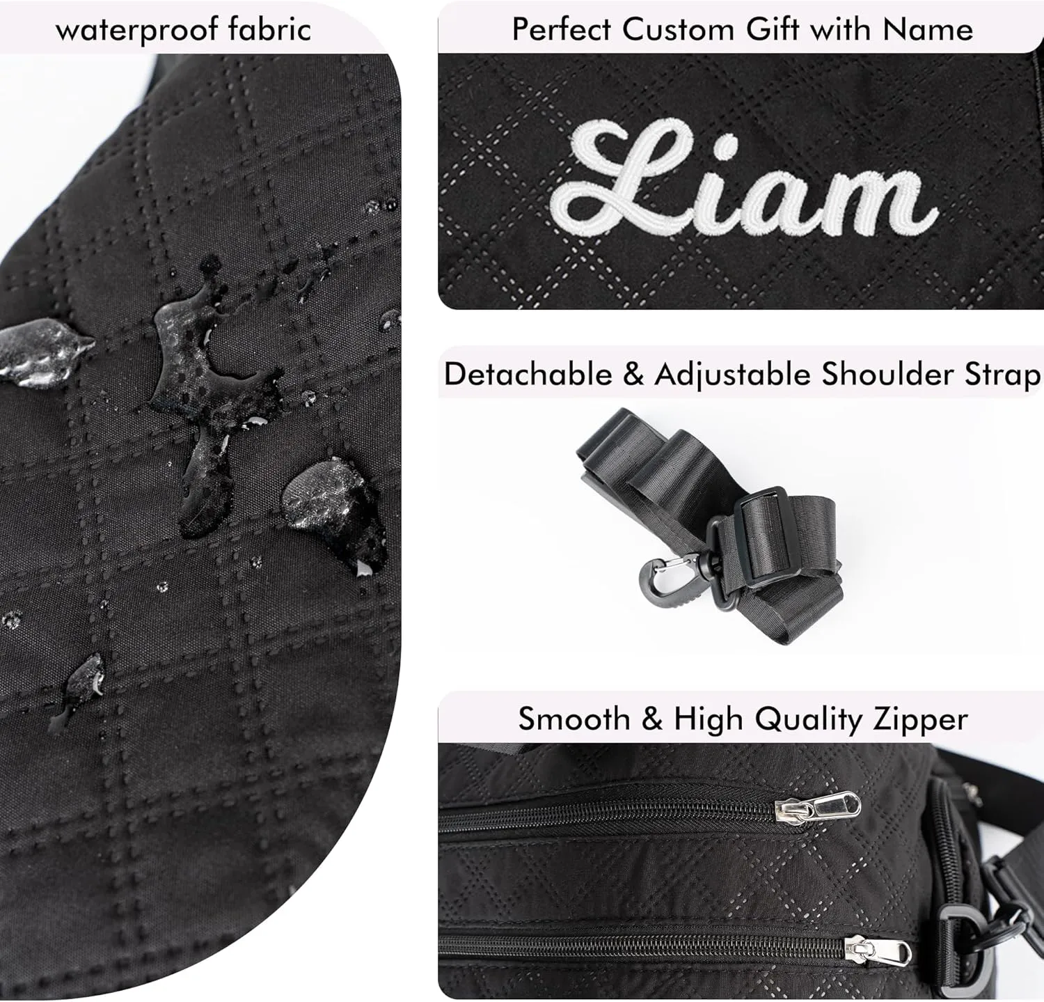 Quilted Duffle Bag for Women Girls - 30L, Personalized Weekender Overnight Bag with Shoe Compartment & Wet Pocket - Carry On Gym Bag with Name, Custom Gifts for Bridesmaid Mother (Black)