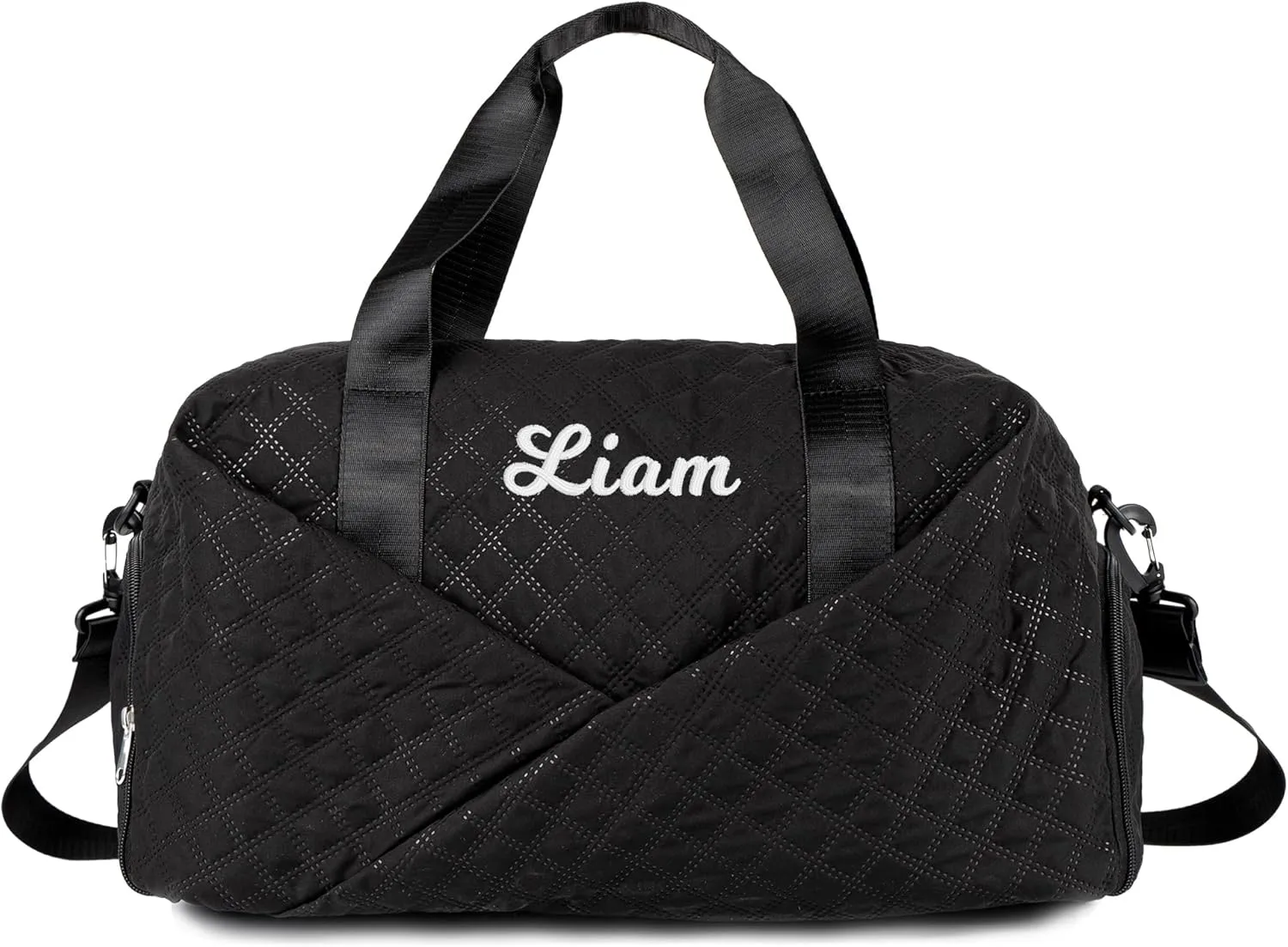 Quilted Duffle Bag for Women Girls - 30L, Personalized Weekender Overnight Bag with Shoe Compartment & Wet Pocket - Carry On Gym Bag with Name, Custom Gifts for Bridesmaid Mother (Black)