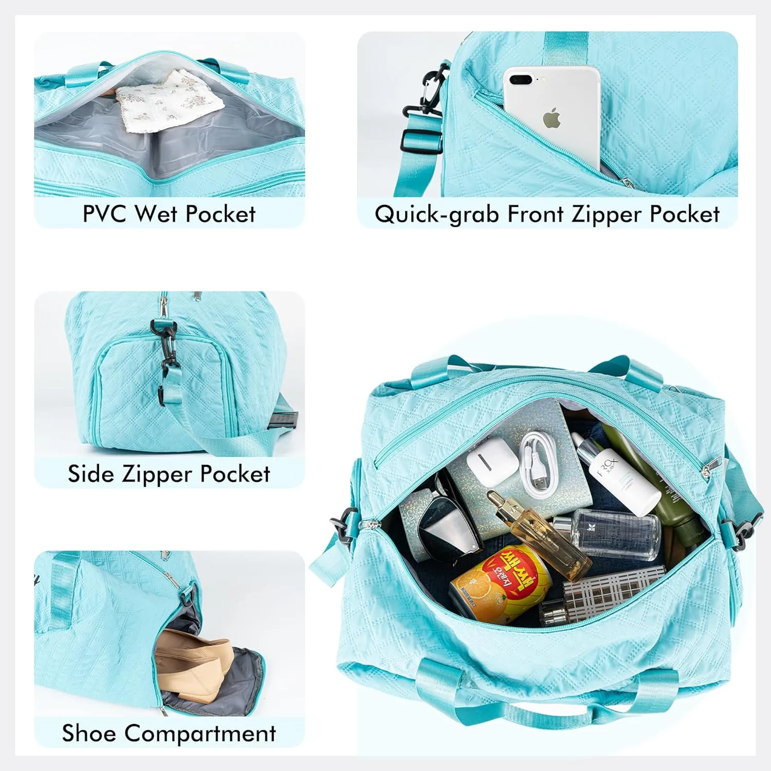 Quilted Duffle Bag for Women Girls - 30L, Personalized Weekender Overnight Bag with Shoe Compartment & Wet Pocket - Carry On Gym Bag with Name, Custom Gifts for Bridesmaid Mother (Light Blue)