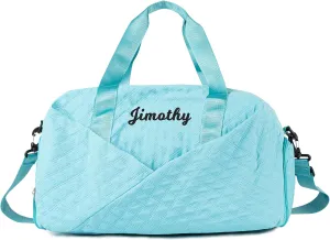 Quilted Duffle Bag for Women Girls - 30L, Personalized Weekender Overnight Bag with Shoe Compartment & Wet Pocket - Carry On Gym Bag with Name, Custom Gifts for Bridesmaid Mother (Light Blue)