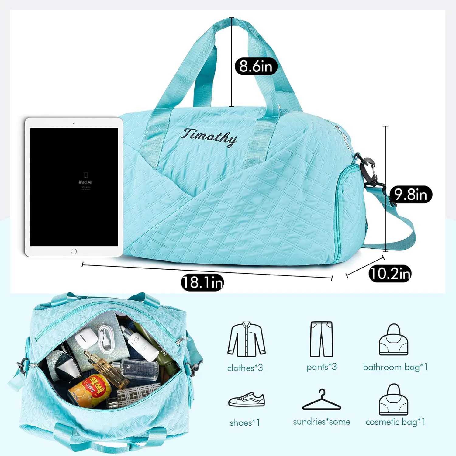 Quilted Duffle Bag for Women Girls - 30L, Personalized Weekender Overnight Bag with Shoe Compartment & Wet Pocket - Carry On Gym Bag with Name, Custom Gifts for Bridesmaid Mother (Light Blue)