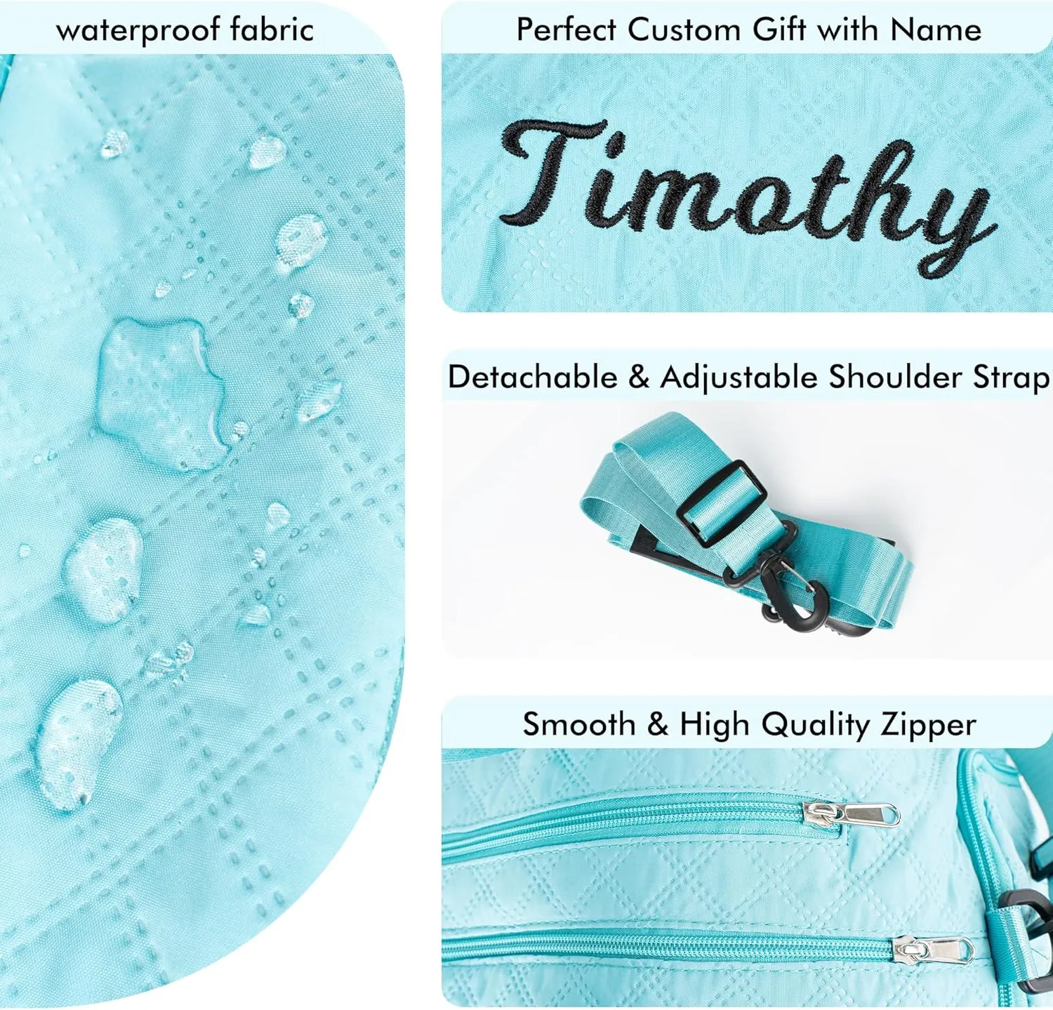 Quilted Duffle Bag for Women Girls - 30L, Personalized Weekender Overnight Bag with Shoe Compartment & Wet Pocket - Carry On Gym Bag with Name, Custom Gifts for Bridesmaid Mother (Light Blue)