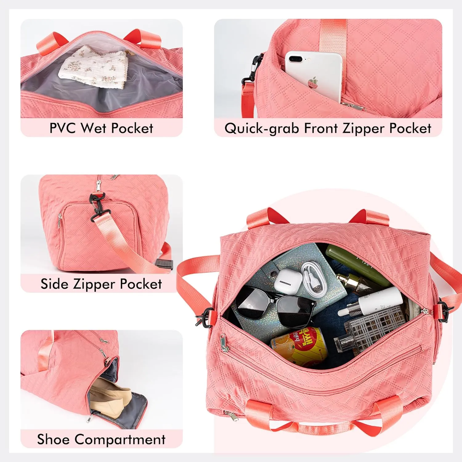 Quilted Duffle Bag for Women Girls - 30L, Personalized Weekender Overnight Bag with Shoe Compartment & Wet Pocket - Carry On Gym Bag with Name, Custom Gifts for Bridesmaid Mother (Light Red)