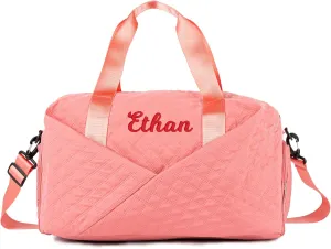 Quilted Duffle Bag for Women Girls - 30L, Personalized Weekender Overnight Bag with Shoe Compartment & Wet Pocket - Carry On Gym Bag with Name, Custom Gifts for Bridesmaid Mother (Light Red)