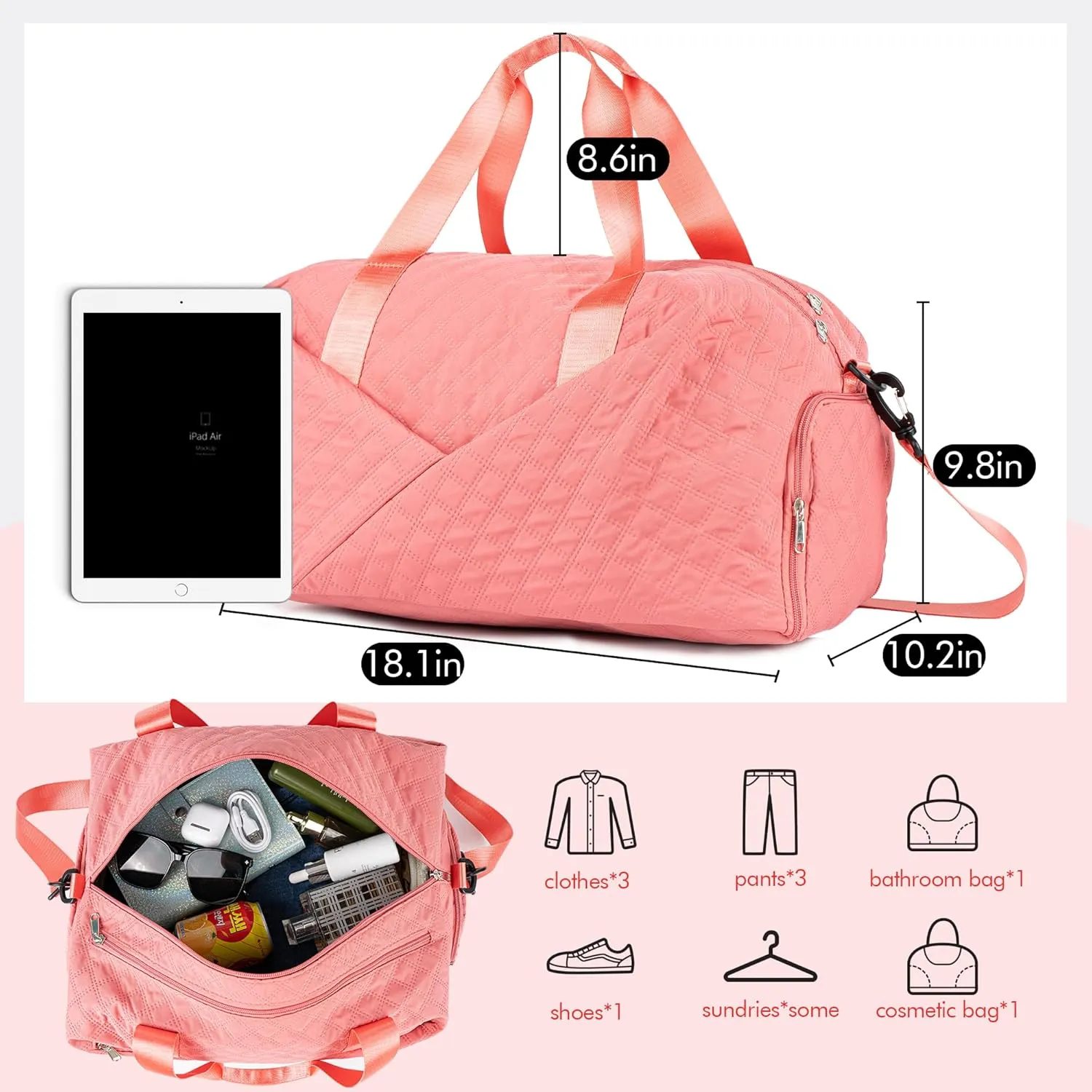 Quilted Duffle Bag for Women Girls - 30L, Personalized Weekender Overnight Bag with Shoe Compartment & Wet Pocket - Carry On Gym Bag with Name, Custom Gifts for Bridesmaid Mother (Light Red)