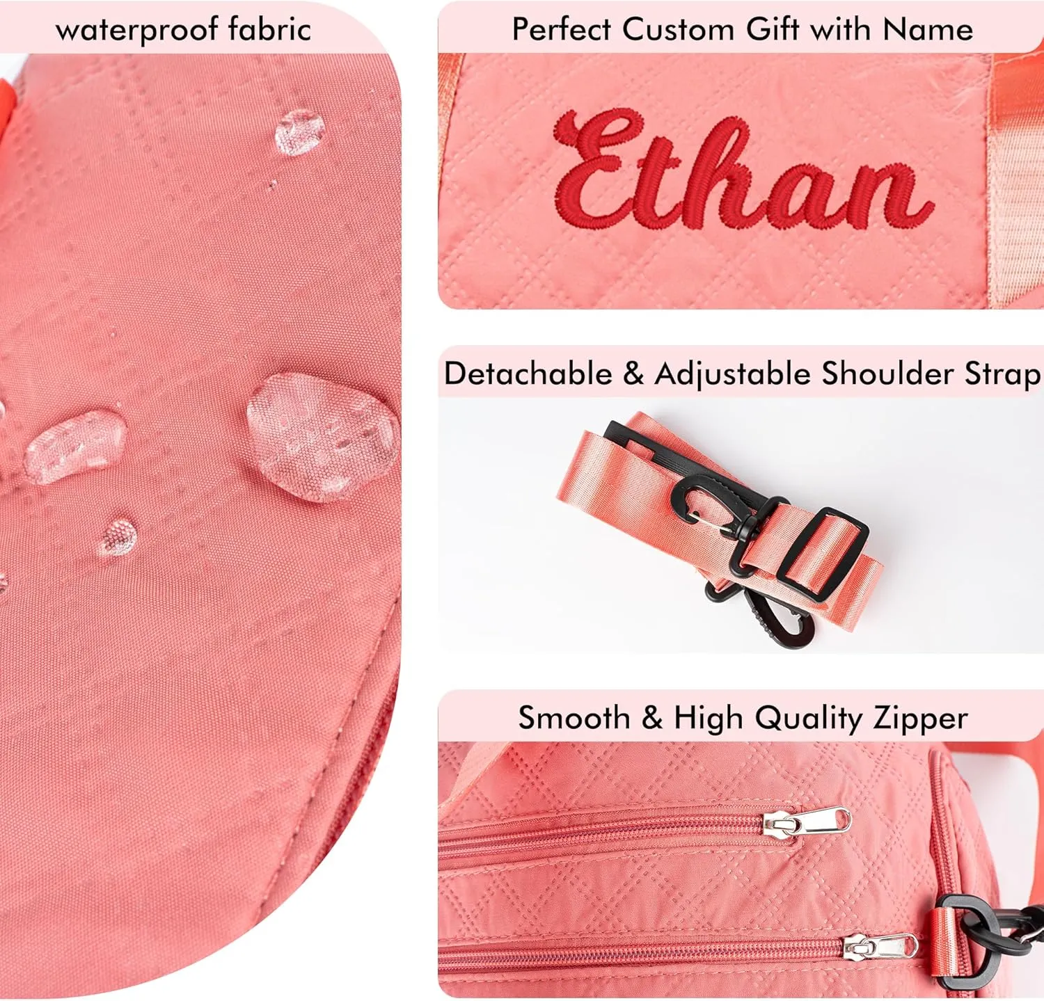 Quilted Duffle Bag for Women Girls - 30L, Personalized Weekender Overnight Bag with Shoe Compartment & Wet Pocket - Carry On Gym Bag with Name, Custom Gifts for Bridesmaid Mother (Light Red)