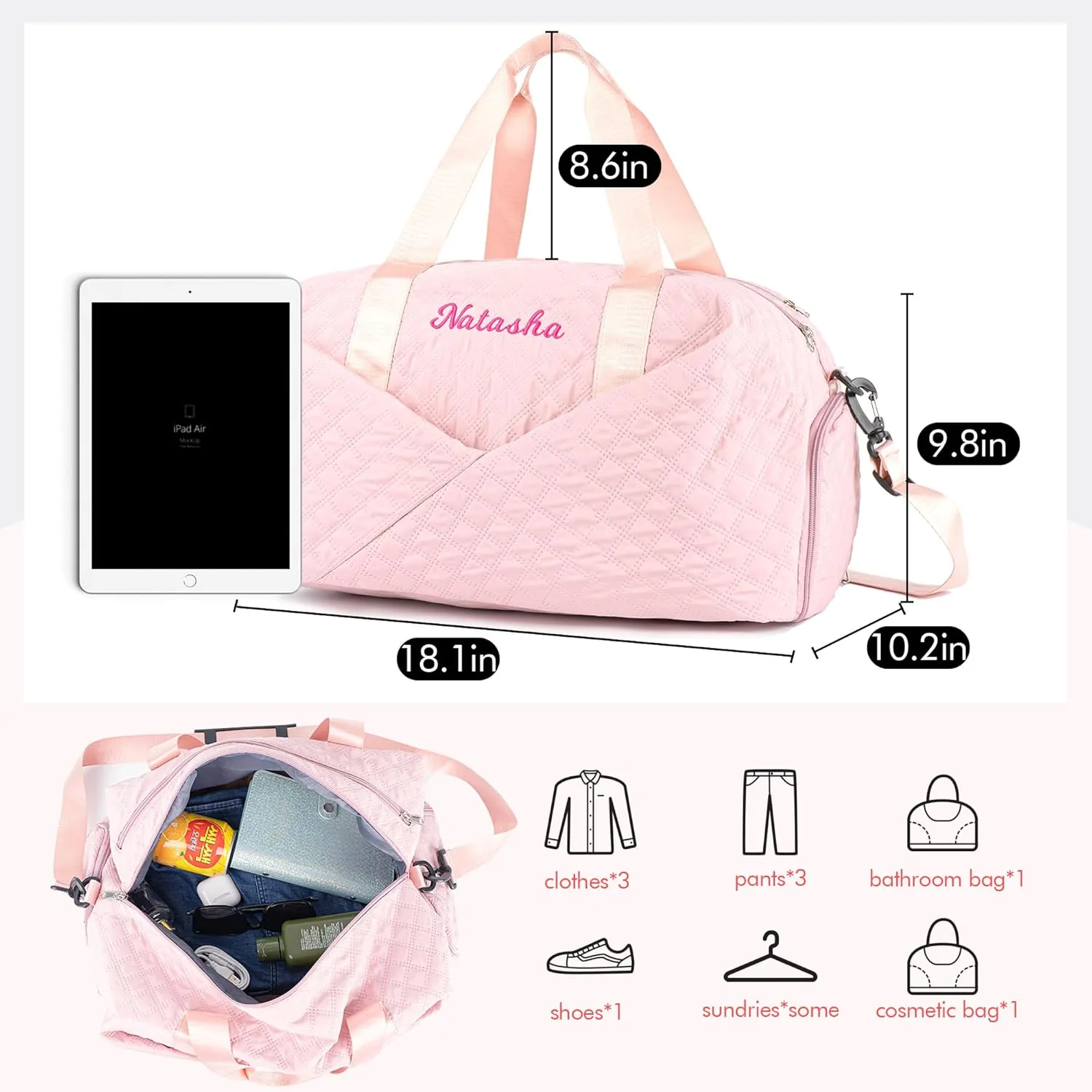 Quilted Duffle Bag for Women Girls - 30L, Personalized Weekender Overnight Bag with Shoe Compartment & Wet Pocket - Carry On Gym Bag with Name, Custom Gifts for Bridesmaid Mother (Pink)