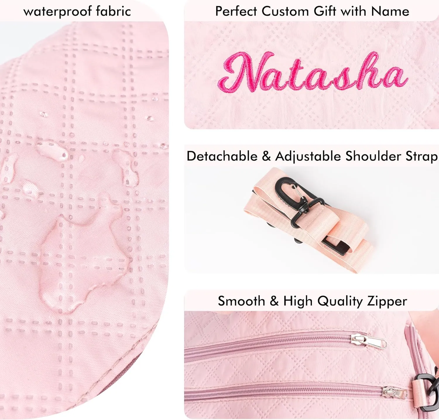 Quilted Duffle Bag for Women Girls - 30L, Personalized Weekender Overnight Bag with Shoe Compartment & Wet Pocket - Carry On Gym Bag with Name, Custom Gifts for Bridesmaid Mother (Pink)