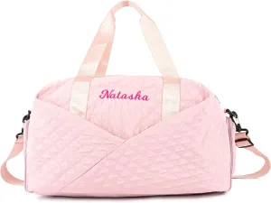 Quilted Duffle Bag for Women Girls - 30L, Personalized Weekender Overnight Bag with Shoe Compartment & Wet Pocket - Carry On Gym Bag with Name, Custom Gifts for Bridesmaid Mother (Pink)