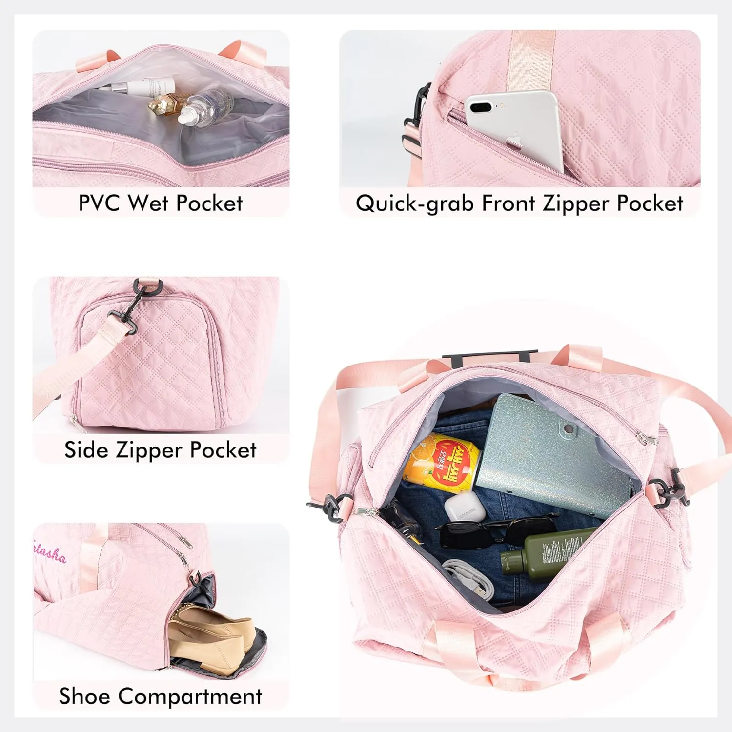 Quilted Duffle Bag for Women Girls - 30L, Personalized Weekender Overnight Bag with Shoe Compartment & Wet Pocket - Carry On Gym Bag with Name, Custom Gifts for Bridesmaid Mother (Pink)