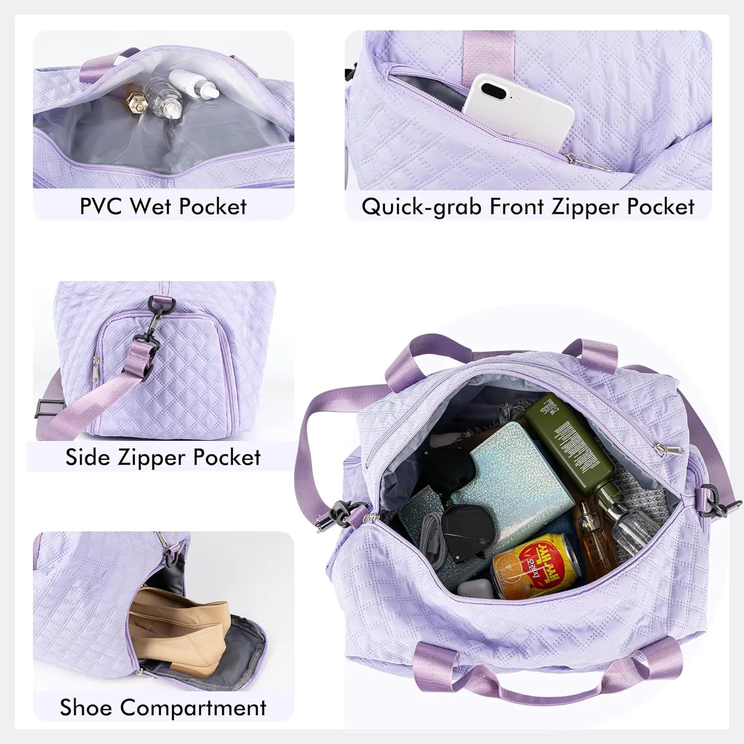 Quilted Duffle Bag for Women Girls - 30L, Personalized Weekender Overnight Bag with Shoe Compartment & Wet Pocket - Carry On Gym Bag with Name, Custom Gifts for Bridesmaid Mother (Purple)