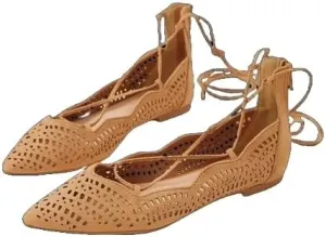 Qupid Strike-02X Blush Suede Fashion Perforated Lace Up Flat Ballet Shoes