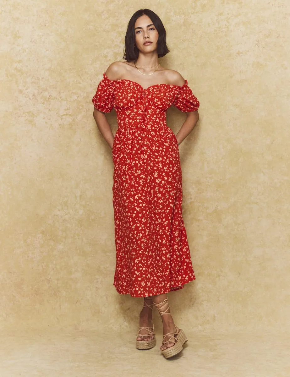 Red Ditsy Floral Bardot Genevieve Midi Dress