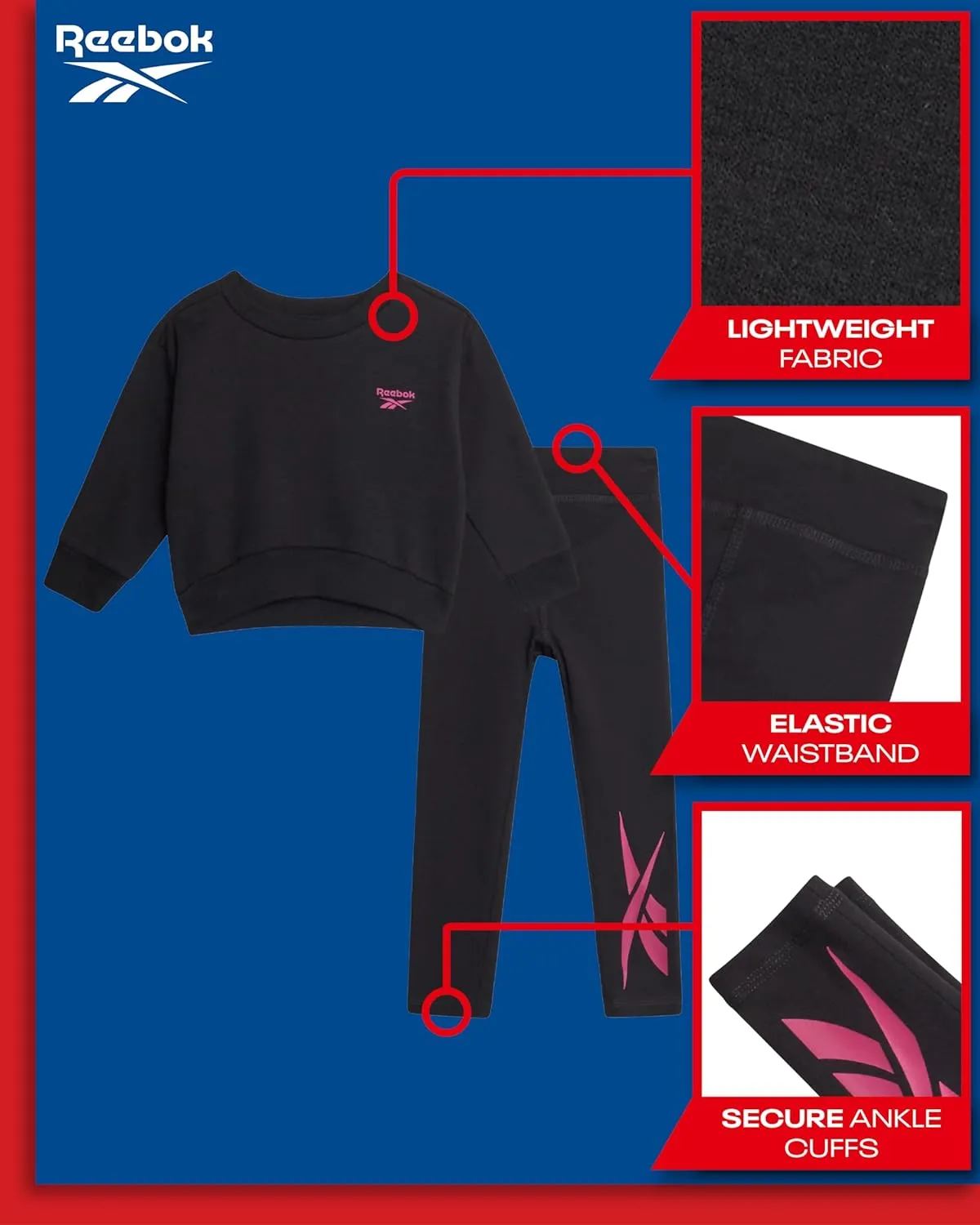 Reebok Toddler Girls Pants Set - 2 Piece Active Fleece Hoodie Sweatshirt and Leggings for Toddlers and Little Girls (2T-6X)