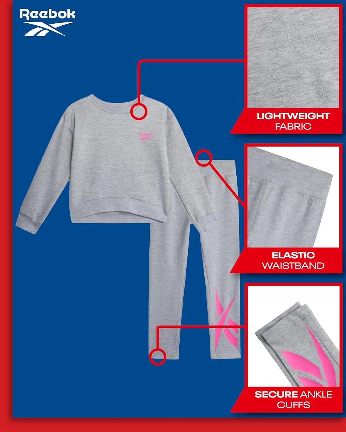 Reebok Toddler Girls' Pants Set - 2 Piece Active Fleece Hoodie Sweatshirt and Leggings for Toddlers and Little Girls (2T-6X)