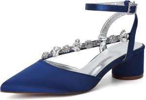 Rhinestones Satin Strappy Wedding Shoes Pointed Toe Block Low Heel Bridal Shoes Women Party Sandals 4.5CM Closed Toe Ankle Strap Pumps for Prom,Dark blue,7