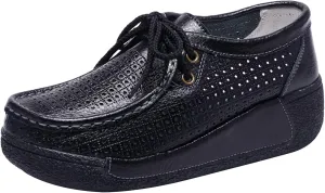 rismart Women's Lace-up Fashion Sneakers Leather Platform Casual Walking Shoes