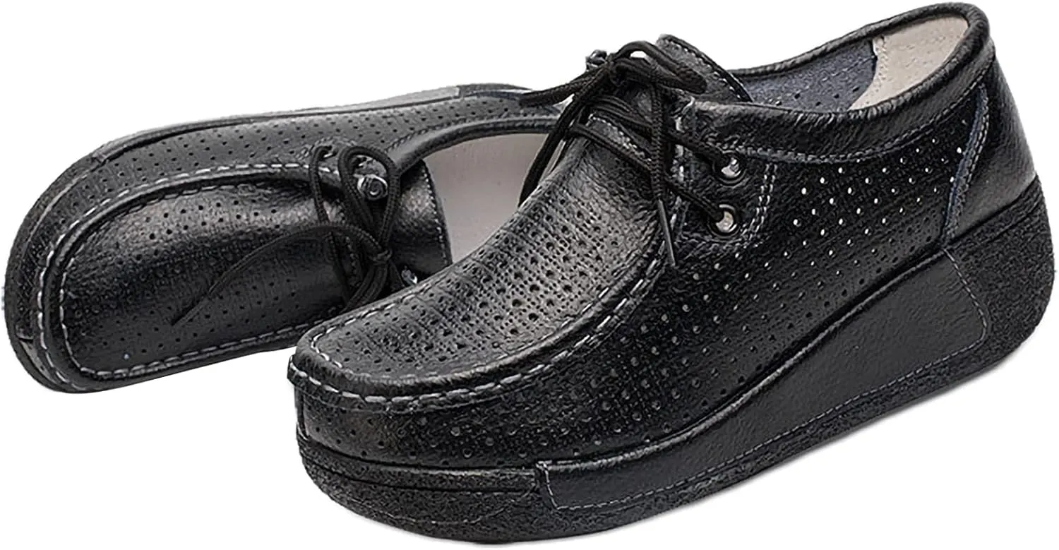 rismart Women's Lace-up Fashion Sneakers Leather Platform Casual Walking Shoes