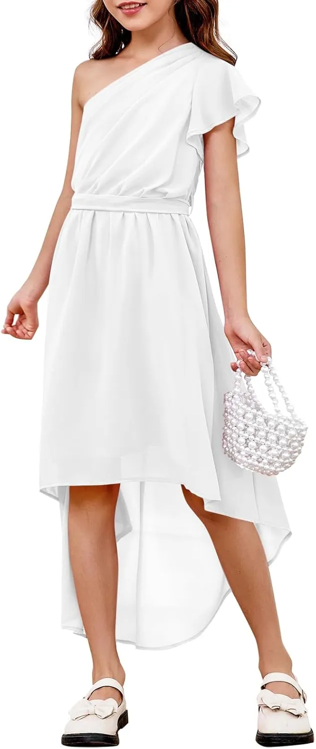 rrhss Flower Girls One Shoulder Ruffle Dresses Flowy A-line Twirl Sleeveless Dress Cute Wedding Prom Party Gowns
