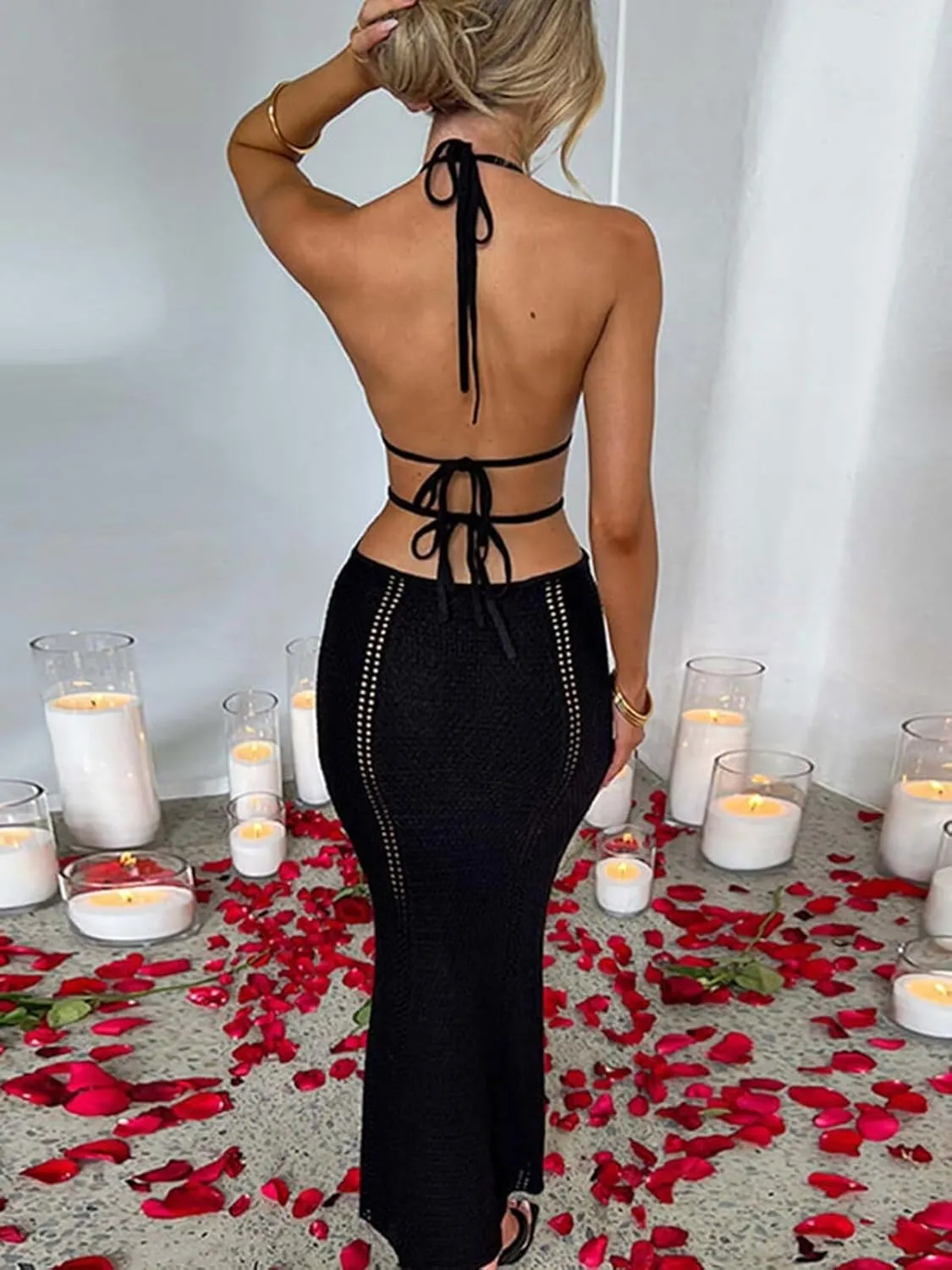 Ryehack Women's Halter Crochet Maxi Dress - Summer Sleeveless Backless V-Neck Hollow Out Beach Vacation Dress